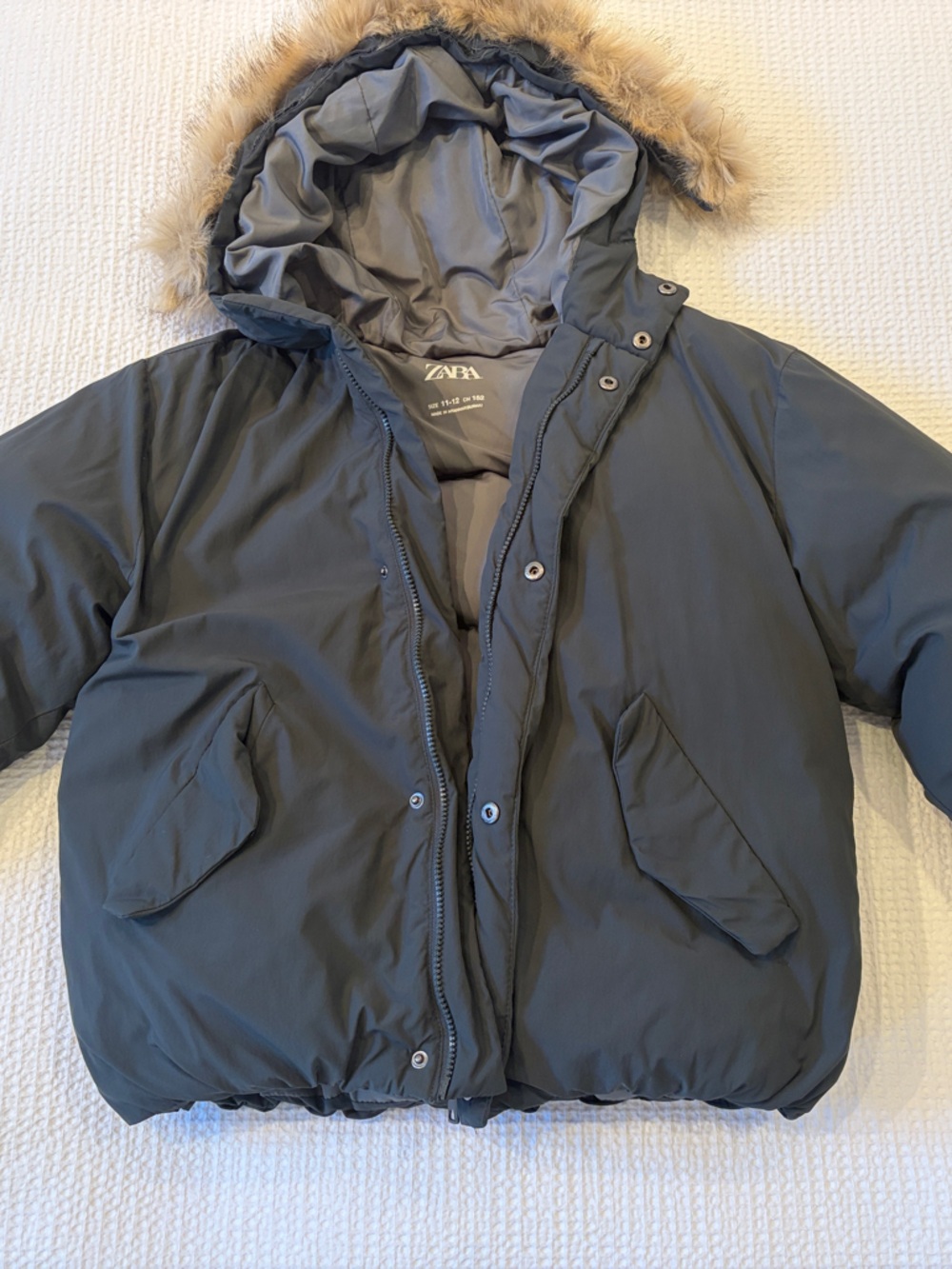 Zara Kids Hooded Puffer Jacket in Charcoal with Faux Fur Trim